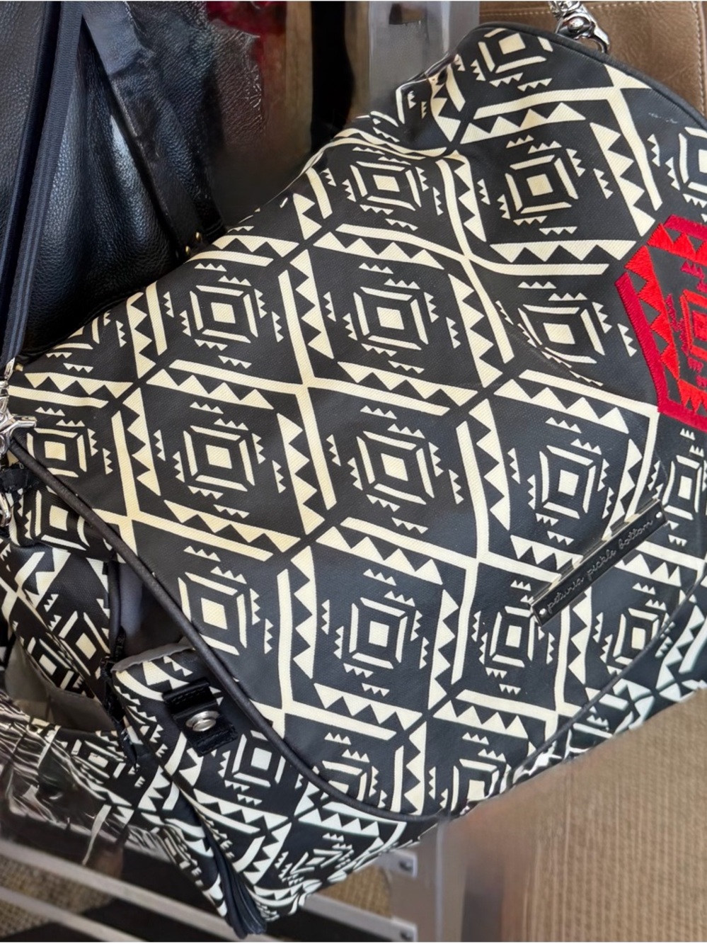 Petunia Pickle Bottom Black and Cream Geometric Tote with Red Detail